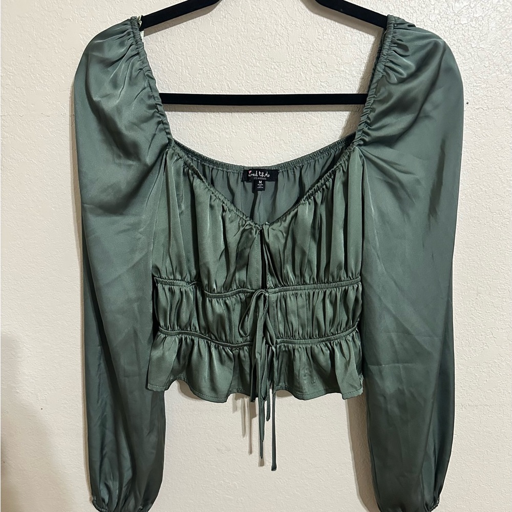 Mixed Threads Tie Front Square Neck Hunter Green Peasant Crop Blouse - Picture 2 of 13